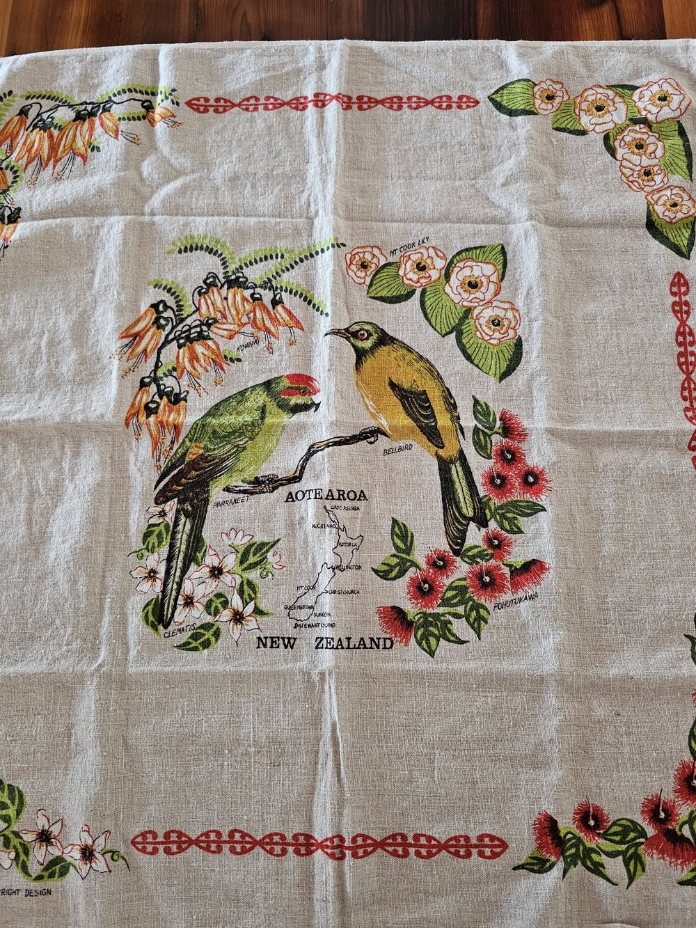 Vintage New Zealand Souvenir Linen Tablecloth – Native Birds & Flora Art - Picture 2 of 9